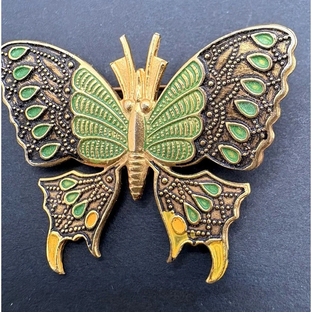 Vintage Damascene Butterfly Green Enamel Brooch Made in Spain Retro